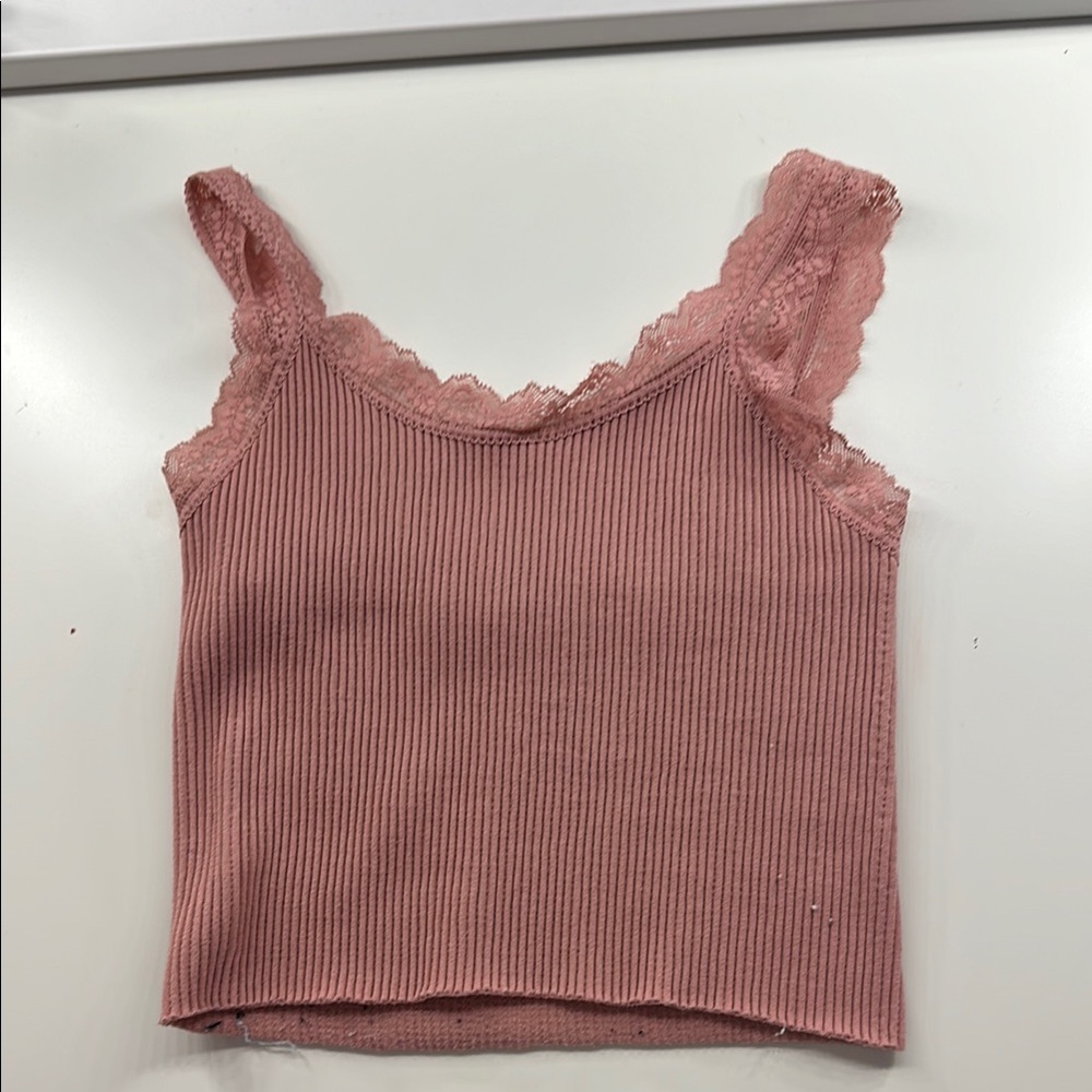 Lace Trim Ribbed Tank Top - Pink